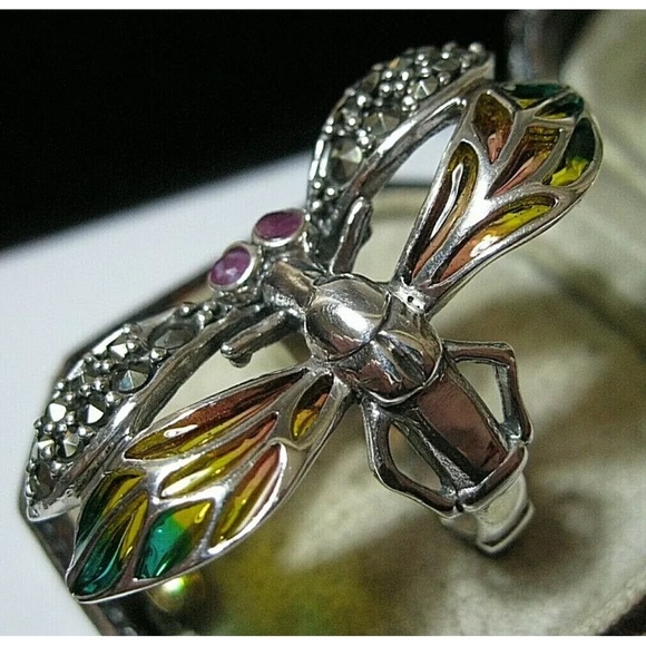 Dragonfly ring sterling silver marcasite and plique a jour Art Deco style new - Picture 9 of 9